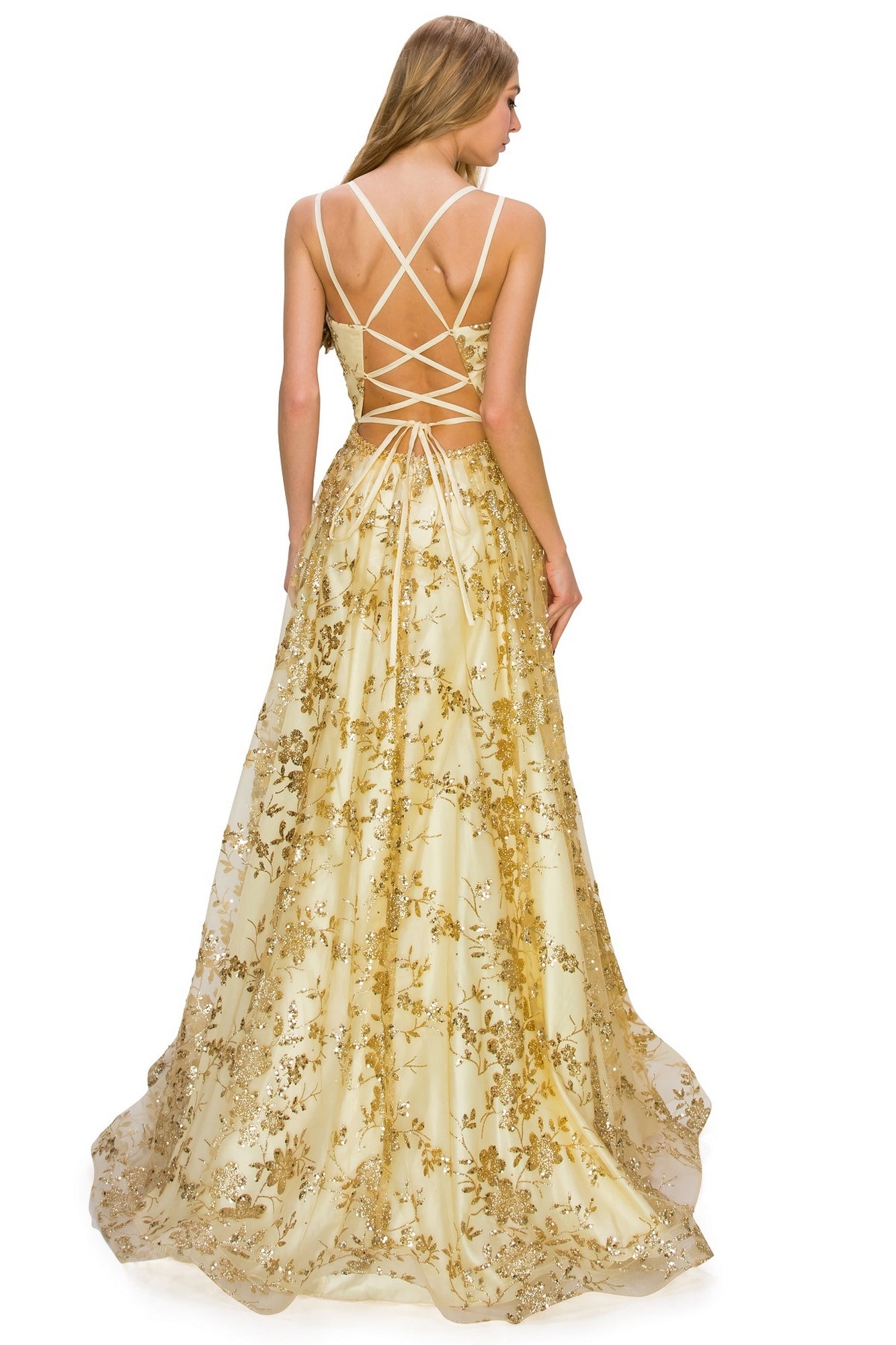A woman faces away from the camera in the Floral-Glitter Long A-Line Formal Prom Dress 8022J, showcasing its elegant lace-up open back and sparkling floral design.